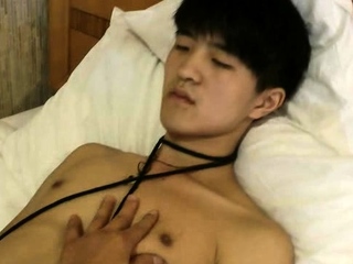 縄で縛られた日本人フィット男が手コキされる